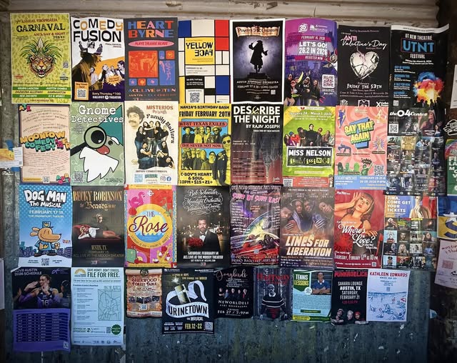Wall of Austin gig posters and theater handbills